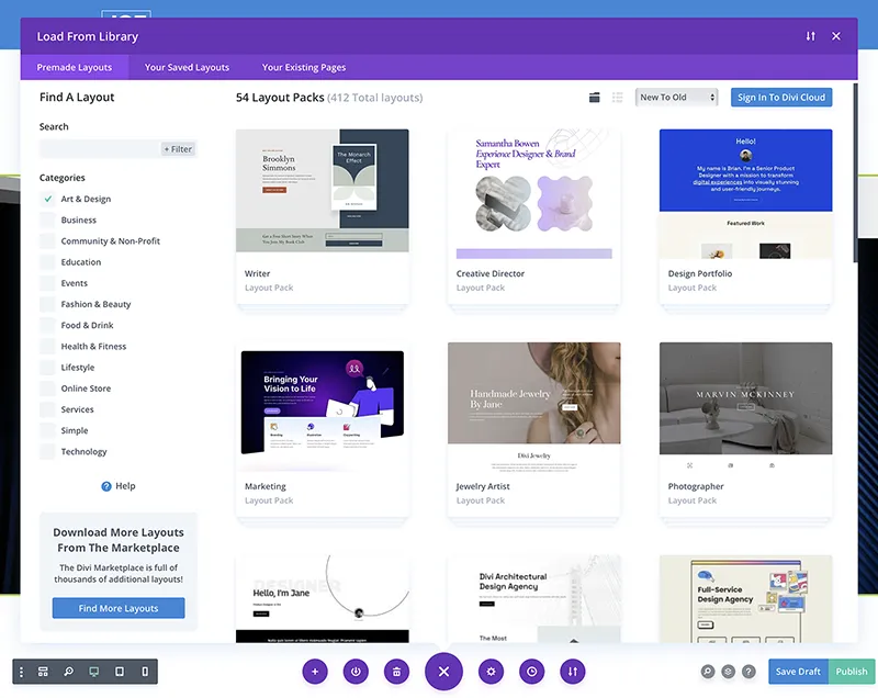 Choices of themes page through Divi