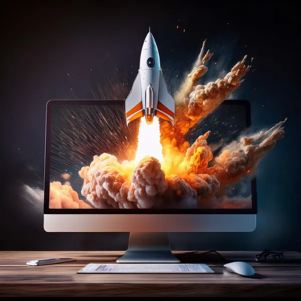 image of rocket launching a website on an iMac